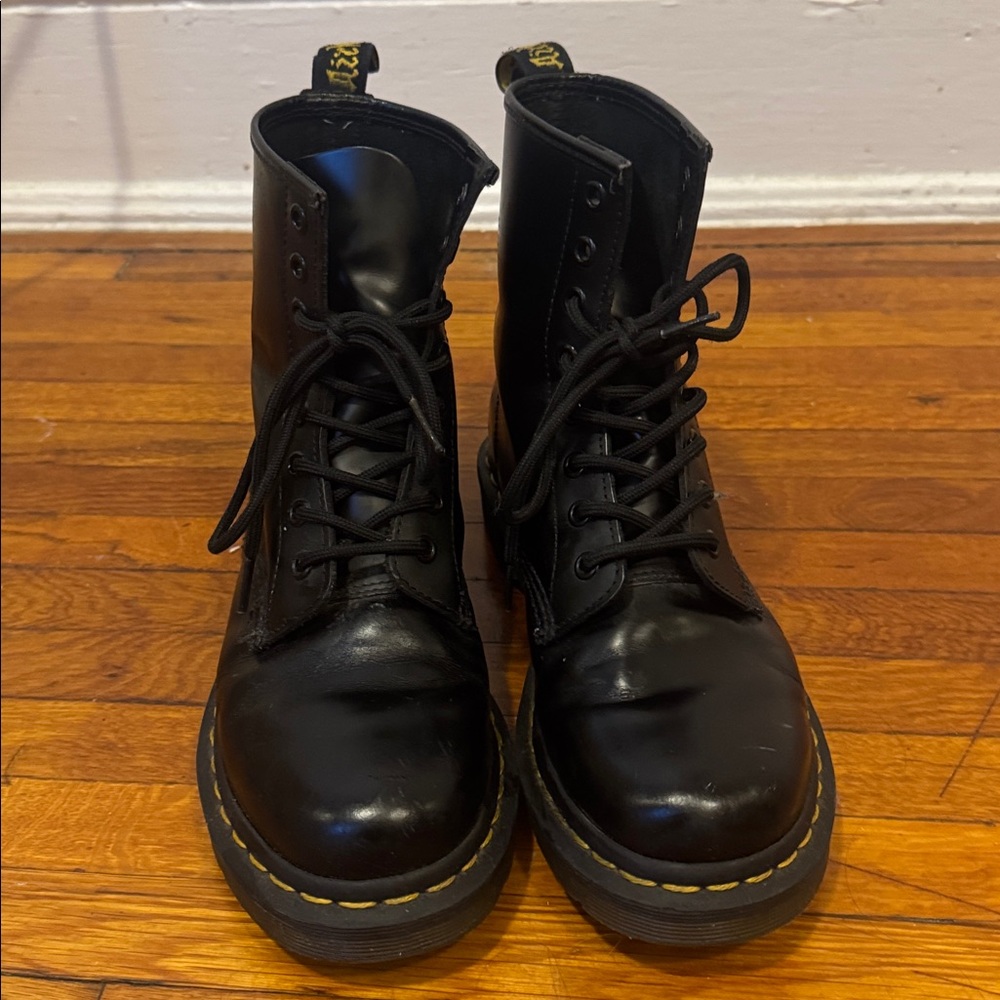 Dr. Martens Black Leather Boots with Yellow Accents